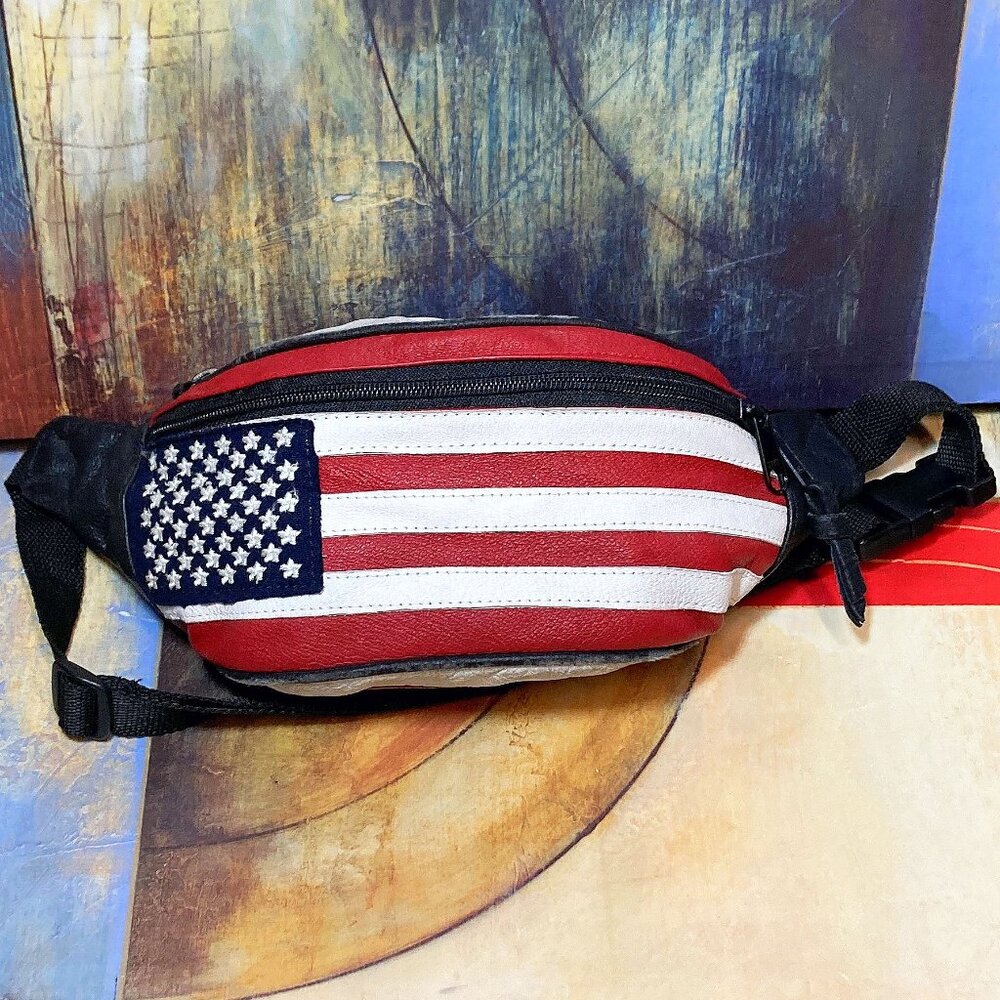 VINTAGE 90's ADULT UNISEX FANNY PACK BAG LEATHER USA FLAG ZIPPER FANNIE BAG